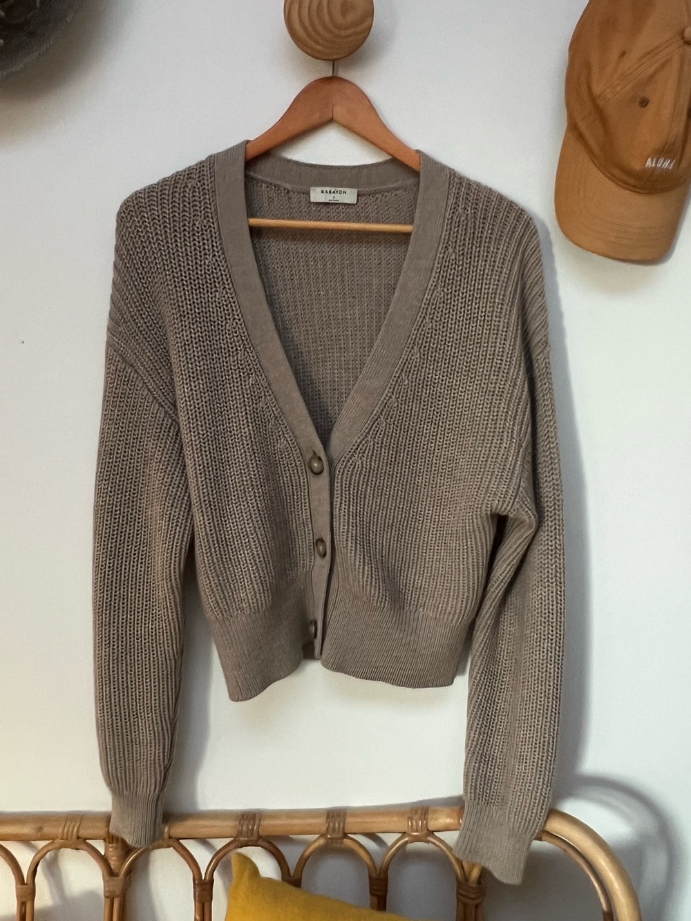 Babaton Taupe Cropped Ribbed Knit Cardigan 100% Merino Wool